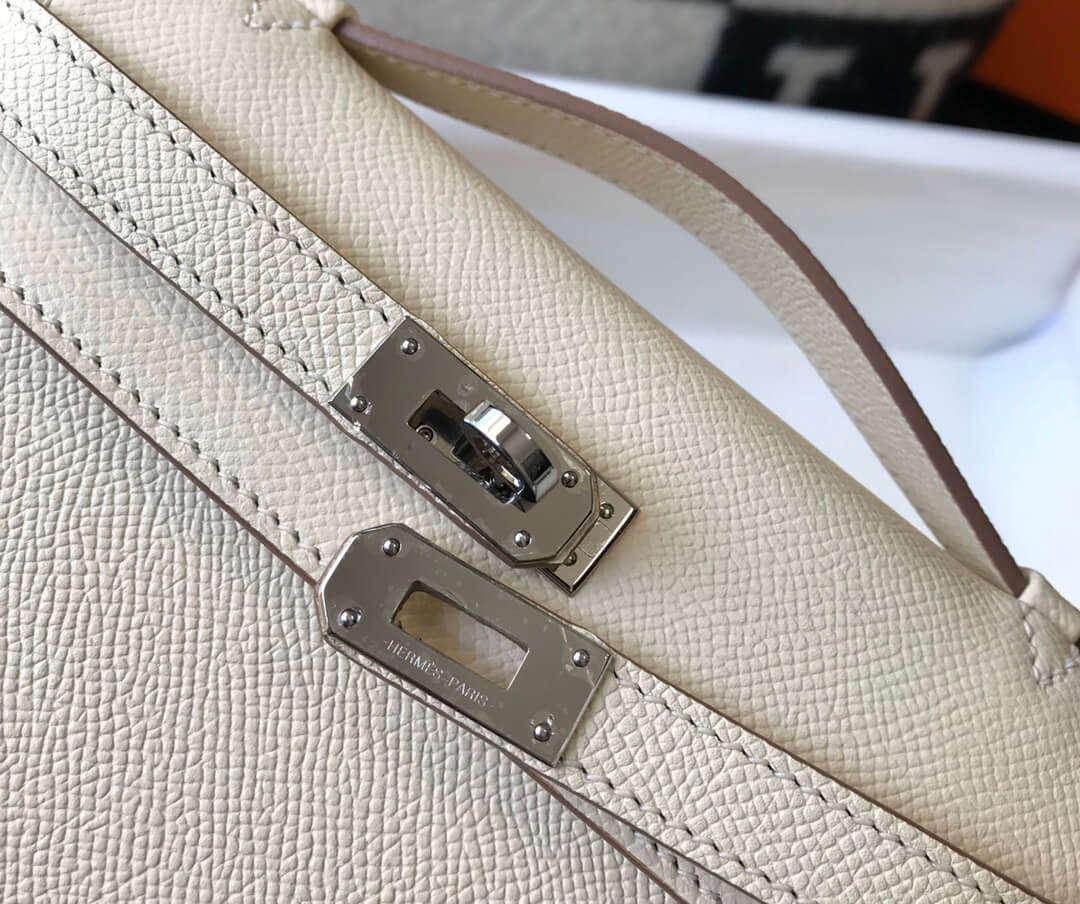 Hermes Mini Kelly Pouchette 22cm silver hardware 2412281 milk white