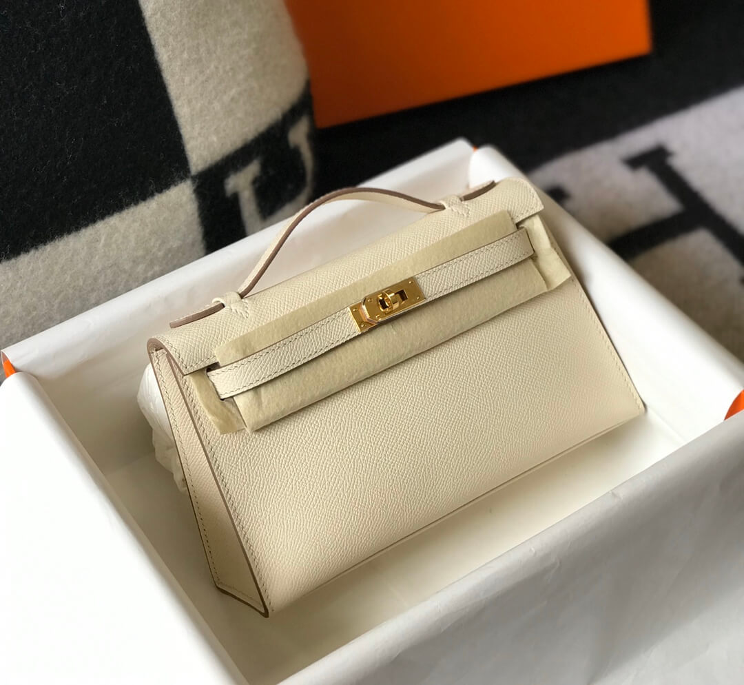 Hermes Mini Kelly Pouchette 22cm silver hardware 2412281 milk white