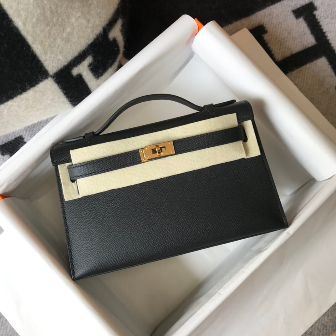 Hermes Mini Kelly Pouchette 22cm gold silver hardware 2412281 black