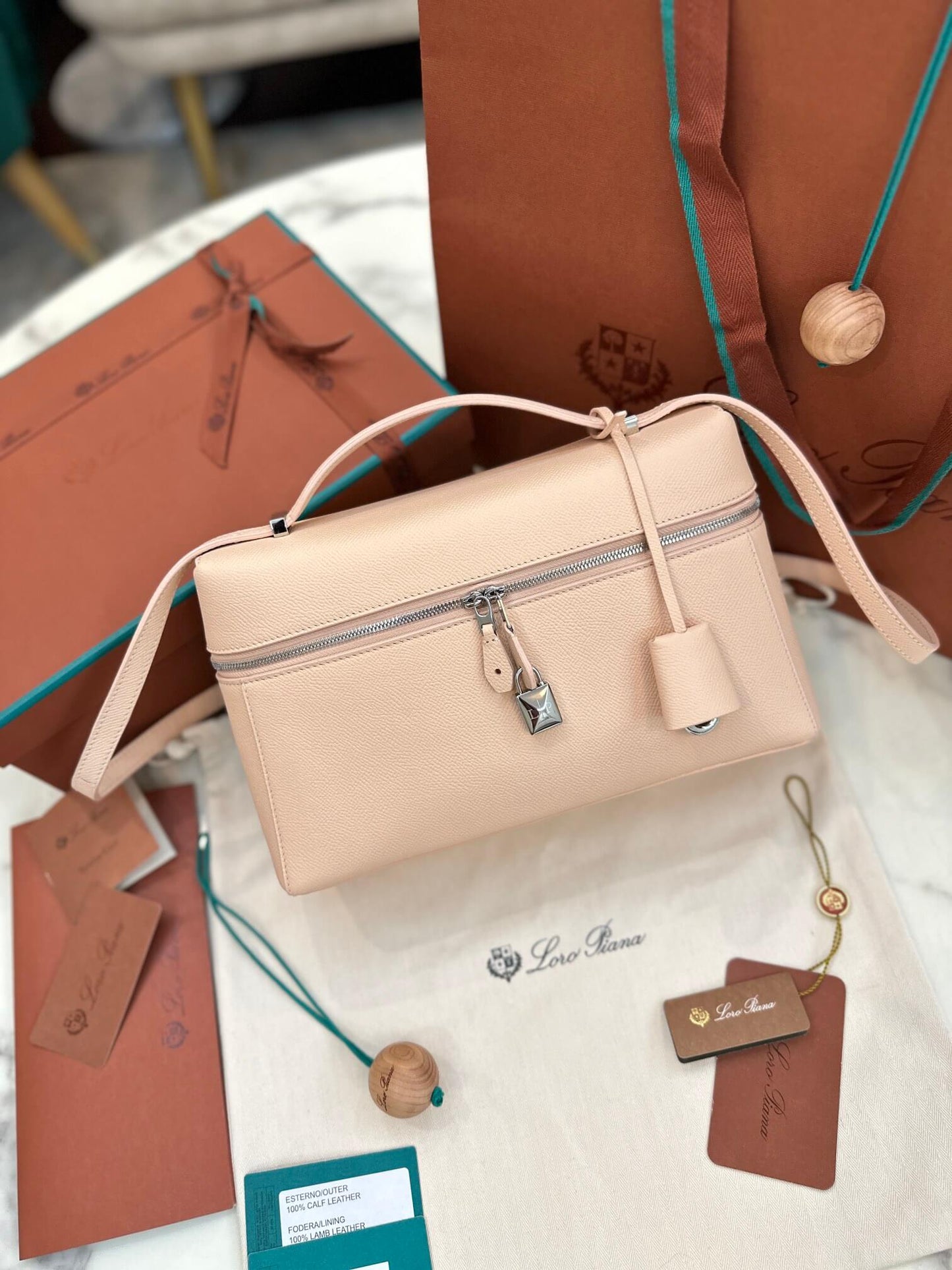 loro piana extra bag l27 smooth calfskin fan3462 pink