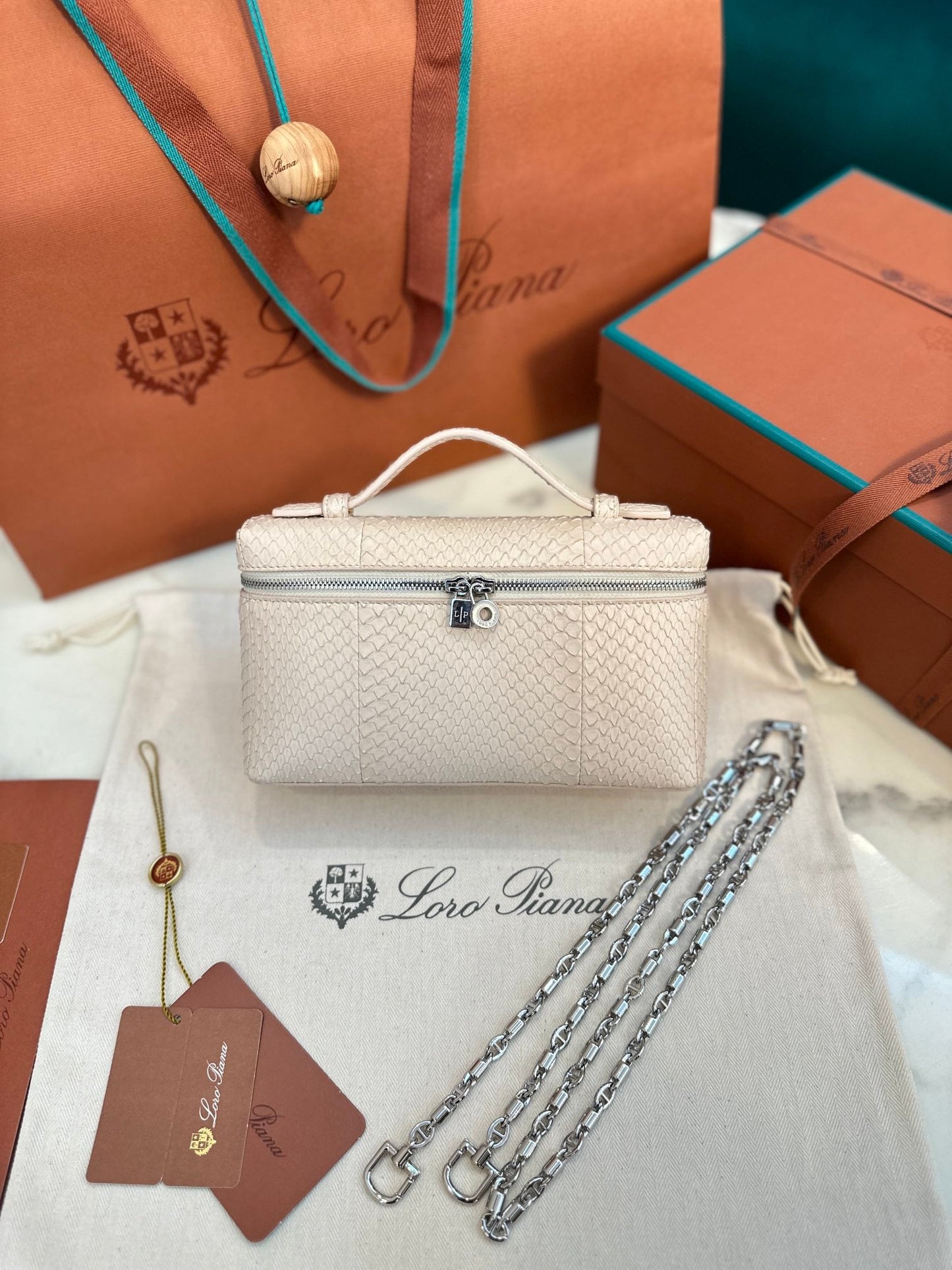 loro piana extra poket l19 snake leather nude silver hardware