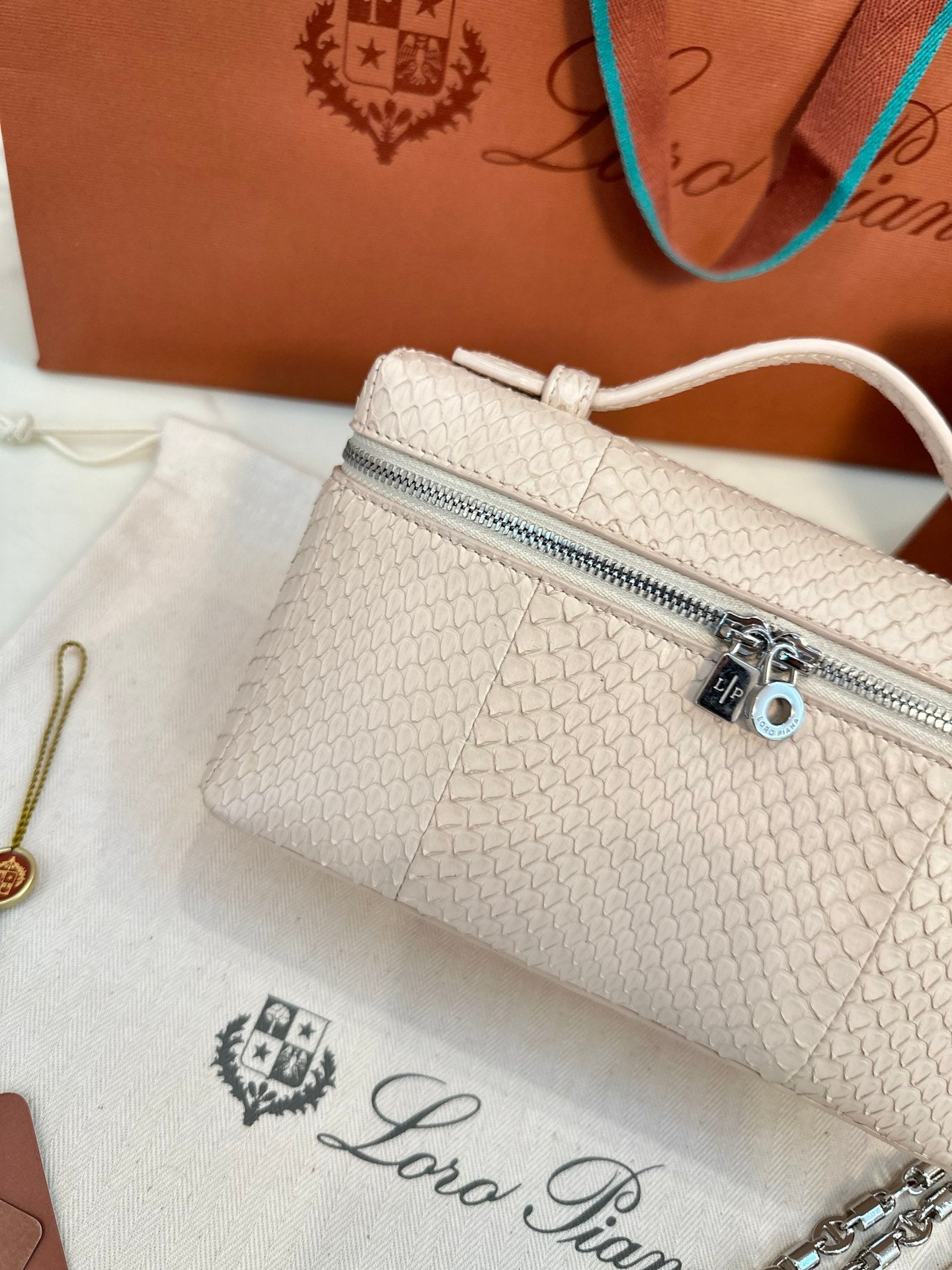 loro piana extra poket l19 snake leather nude silver hardware