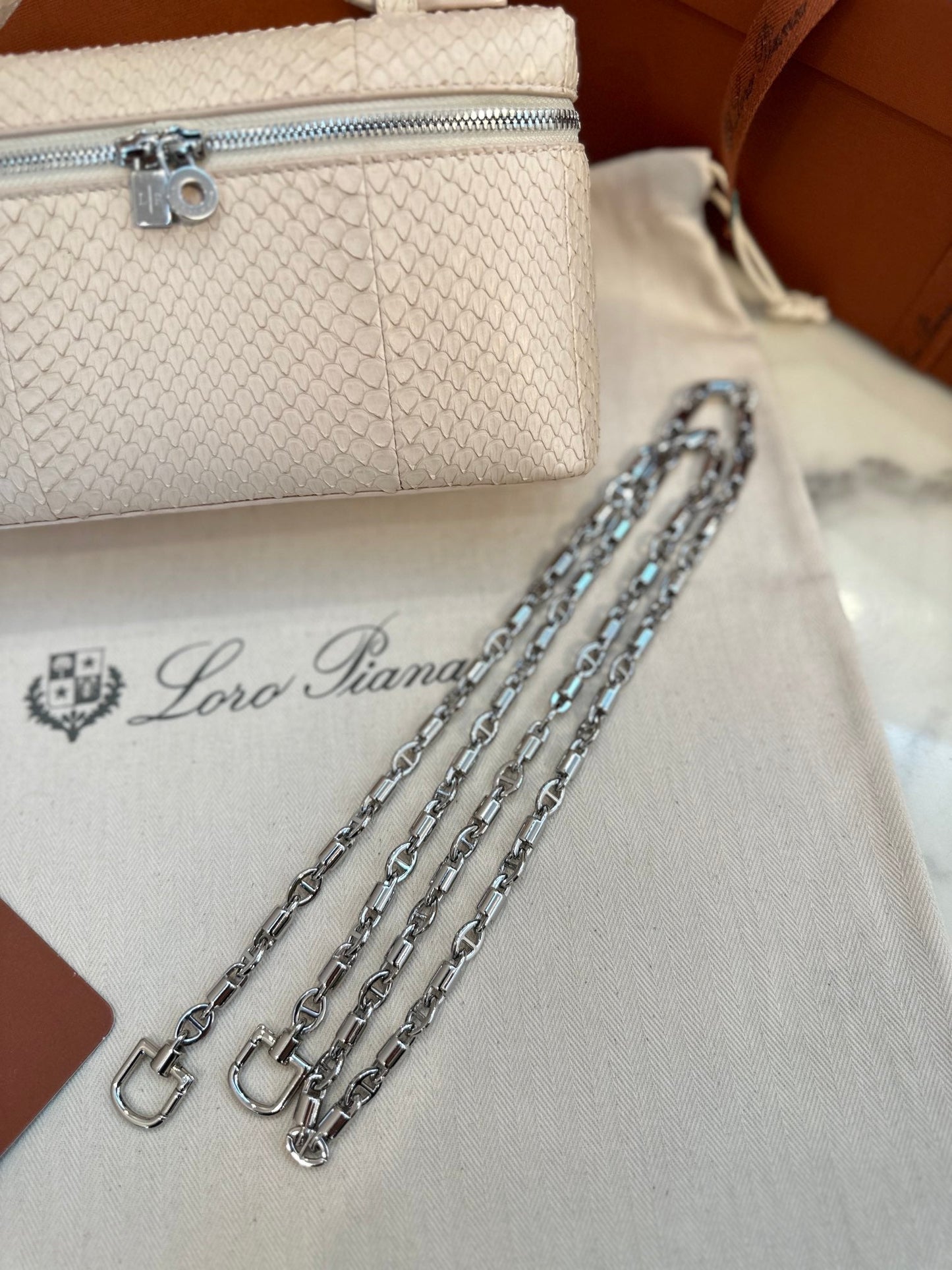 loro piana extra poket l19 snake leather nude silver hardware