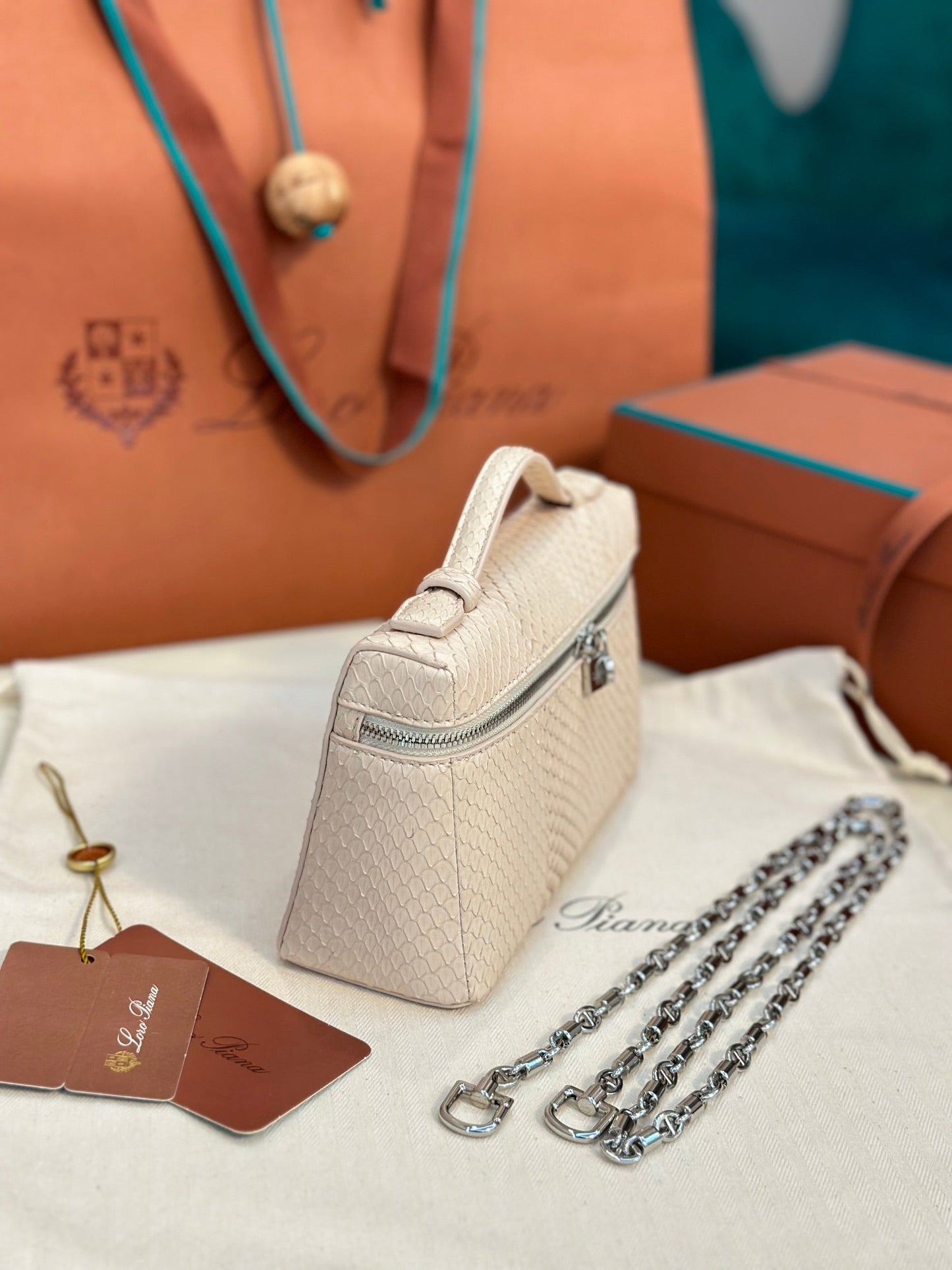 loro piana extra poket l19 snake leather nude silver hardware