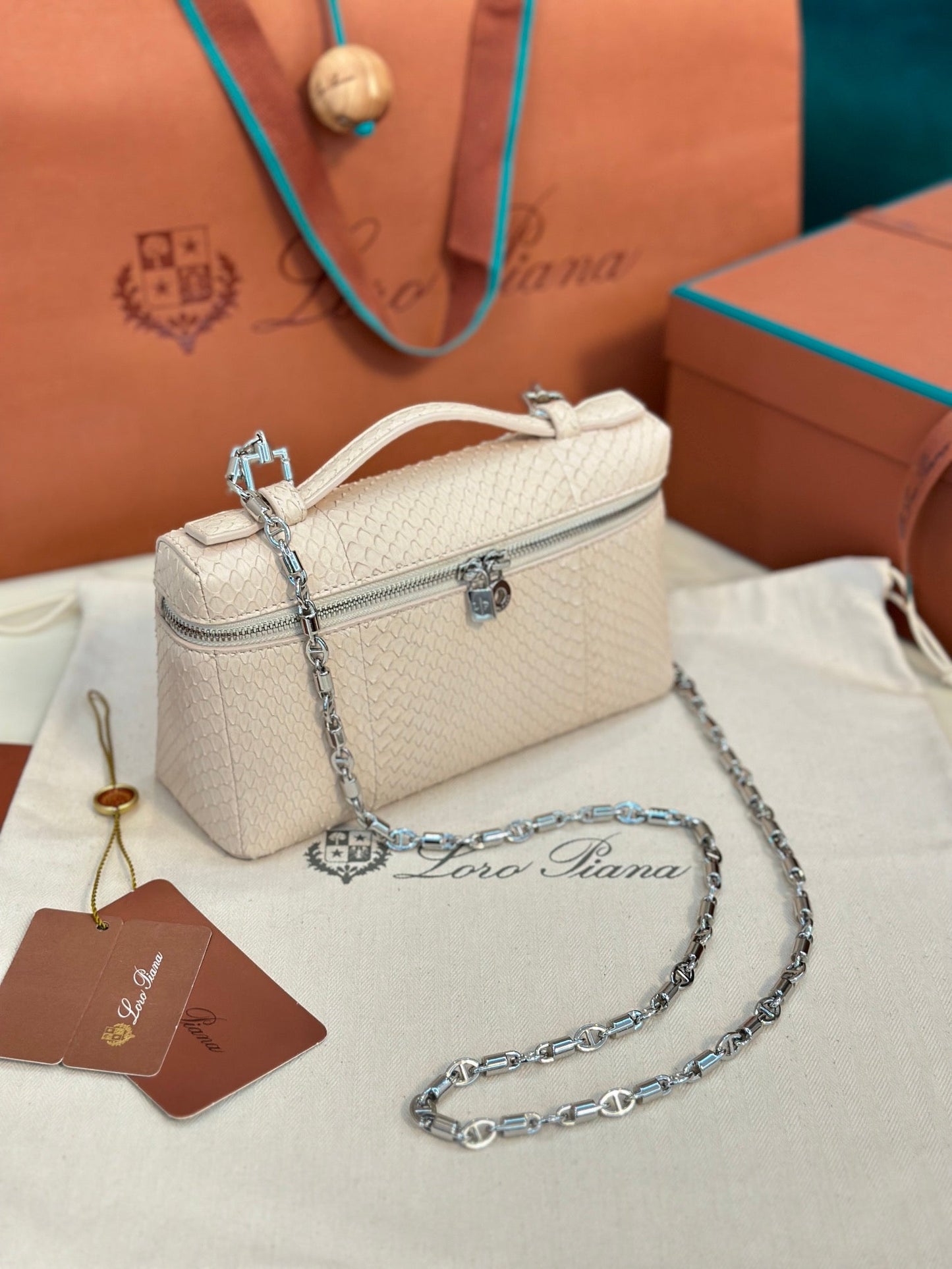 loro piana extra poket l19 snake leather nude silver hardware