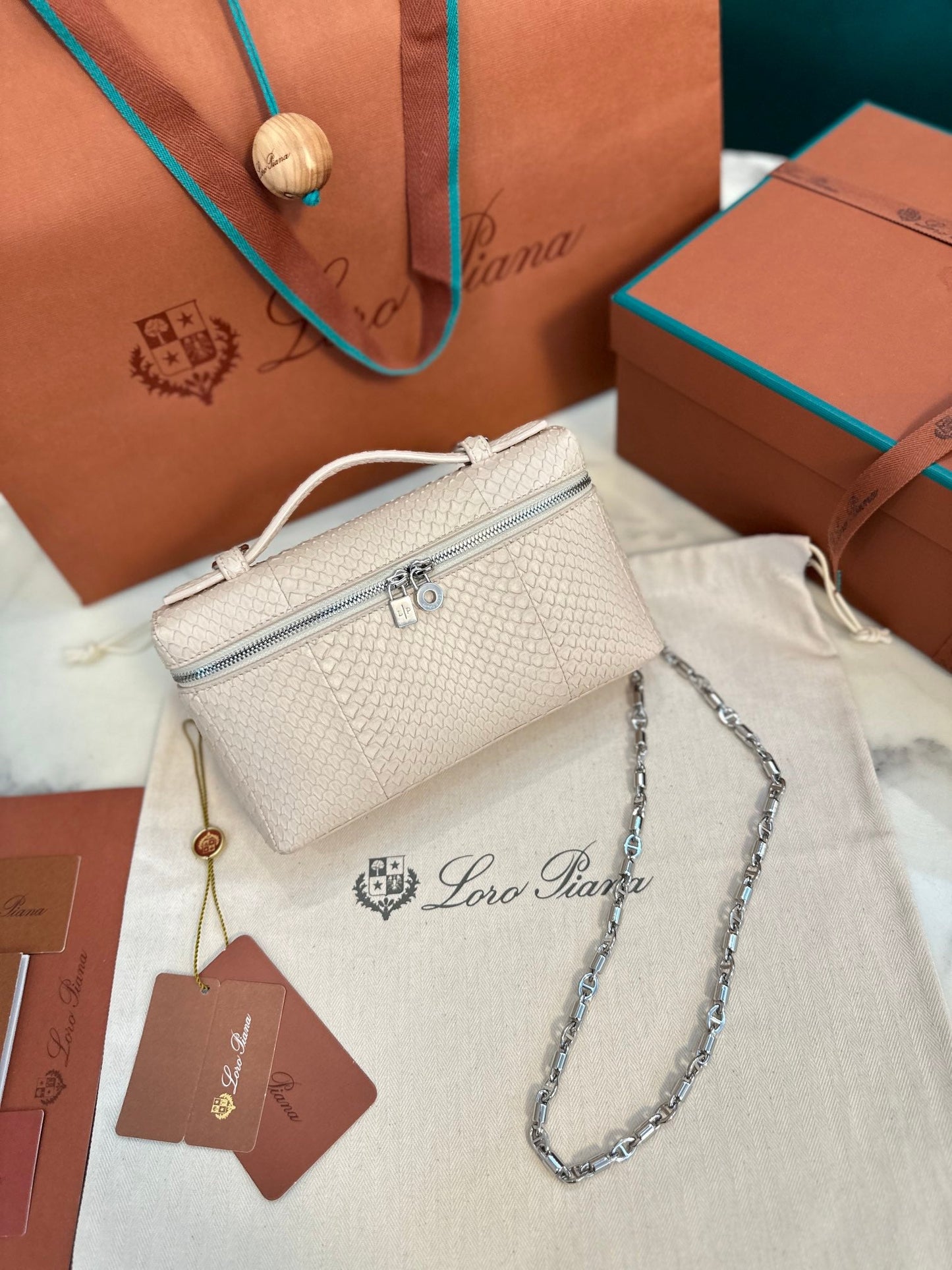 loro piana extra poket l19 snake leather nude silver hardware