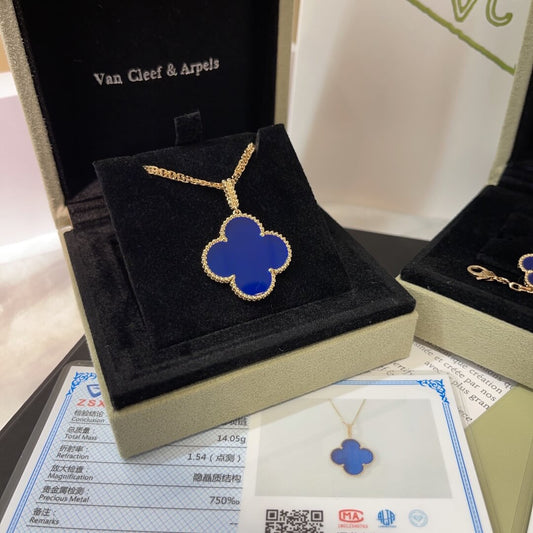 lucky natural blue agate long four leaf grass large flower necklace and bracelet new light luxury xlc21