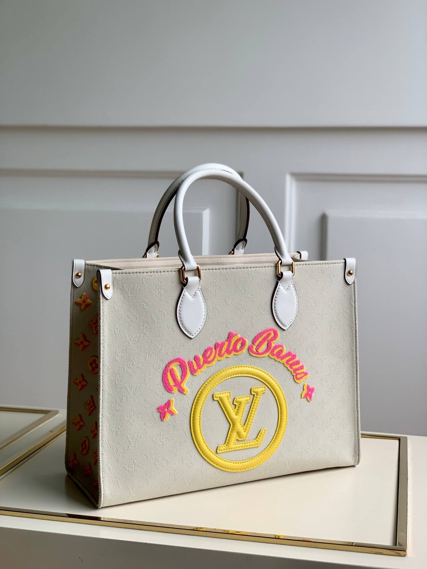 m20815 onthego tote bag embroidered and leather trim small 35 yellow green