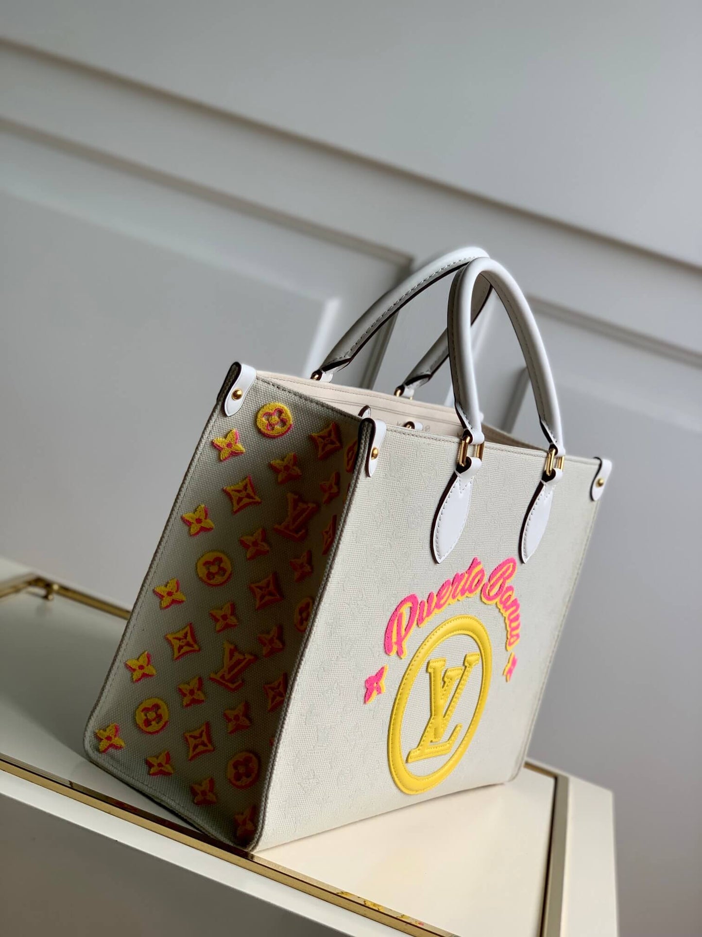 m20815 onthego tote bag embroidered and leather trim small 35 yellow green