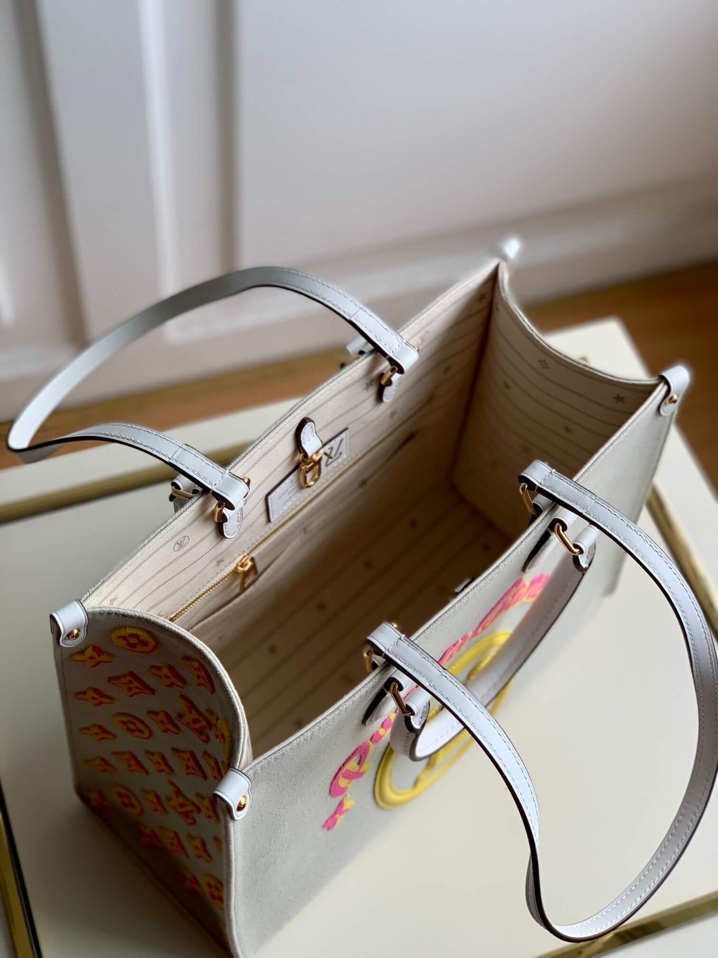 m20815 onthego tote bag embroidered and leather trim small 35 yellow green