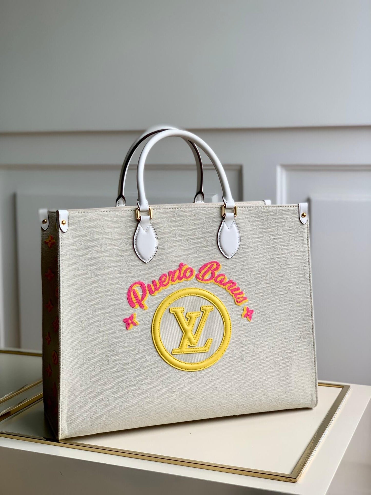 m20815 onthego tote bag embroidered and leather trim small 35 yellow green