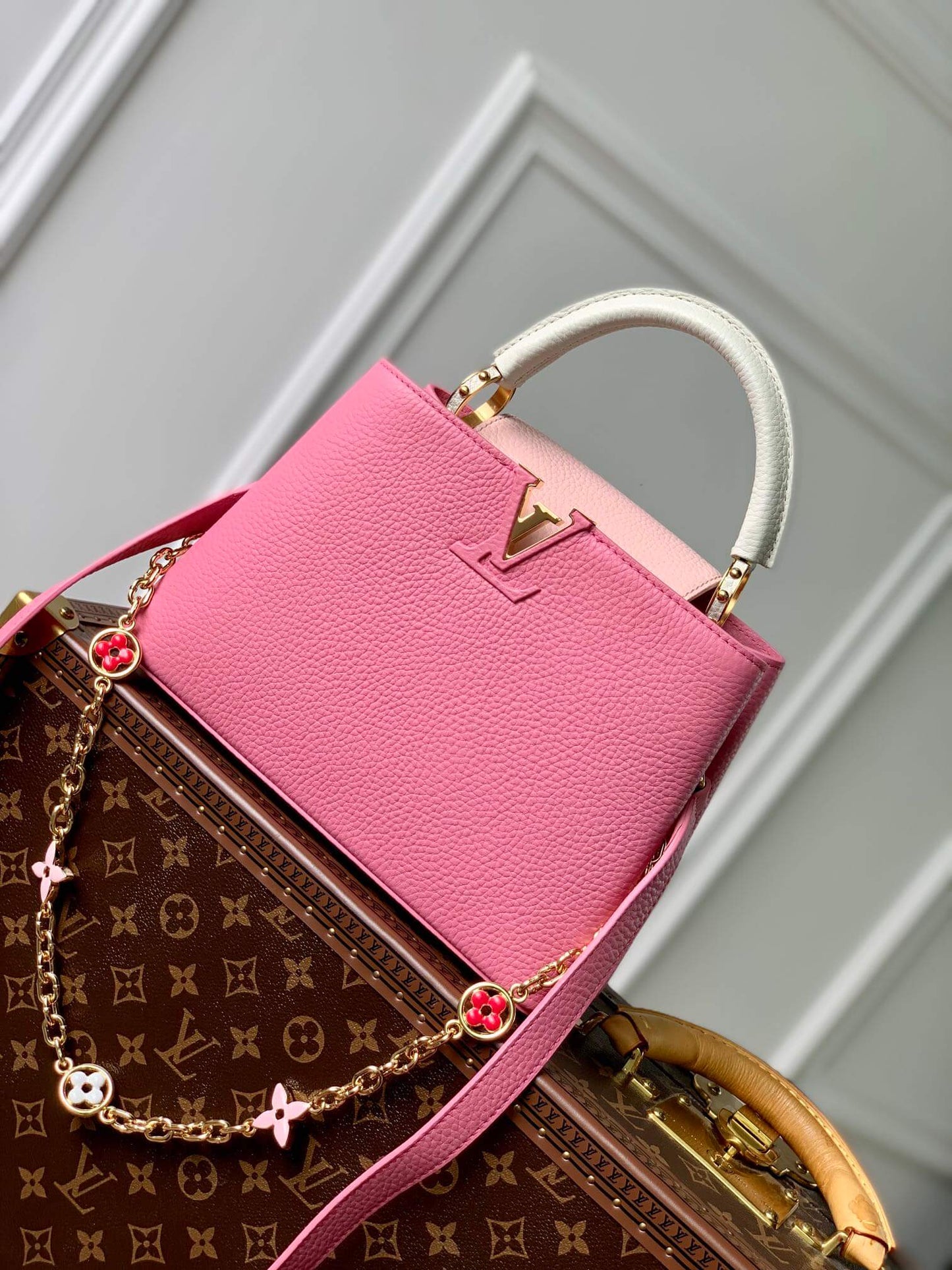 m22375 capucines mini taurillon 21cm pink cowhide real leather