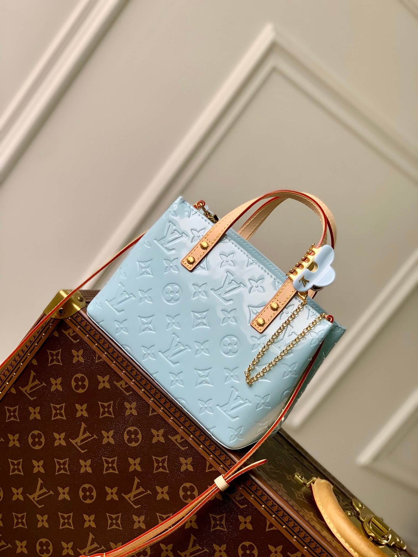 M24144 SMALL Reade Monogram Vernis Handbag Light Blue