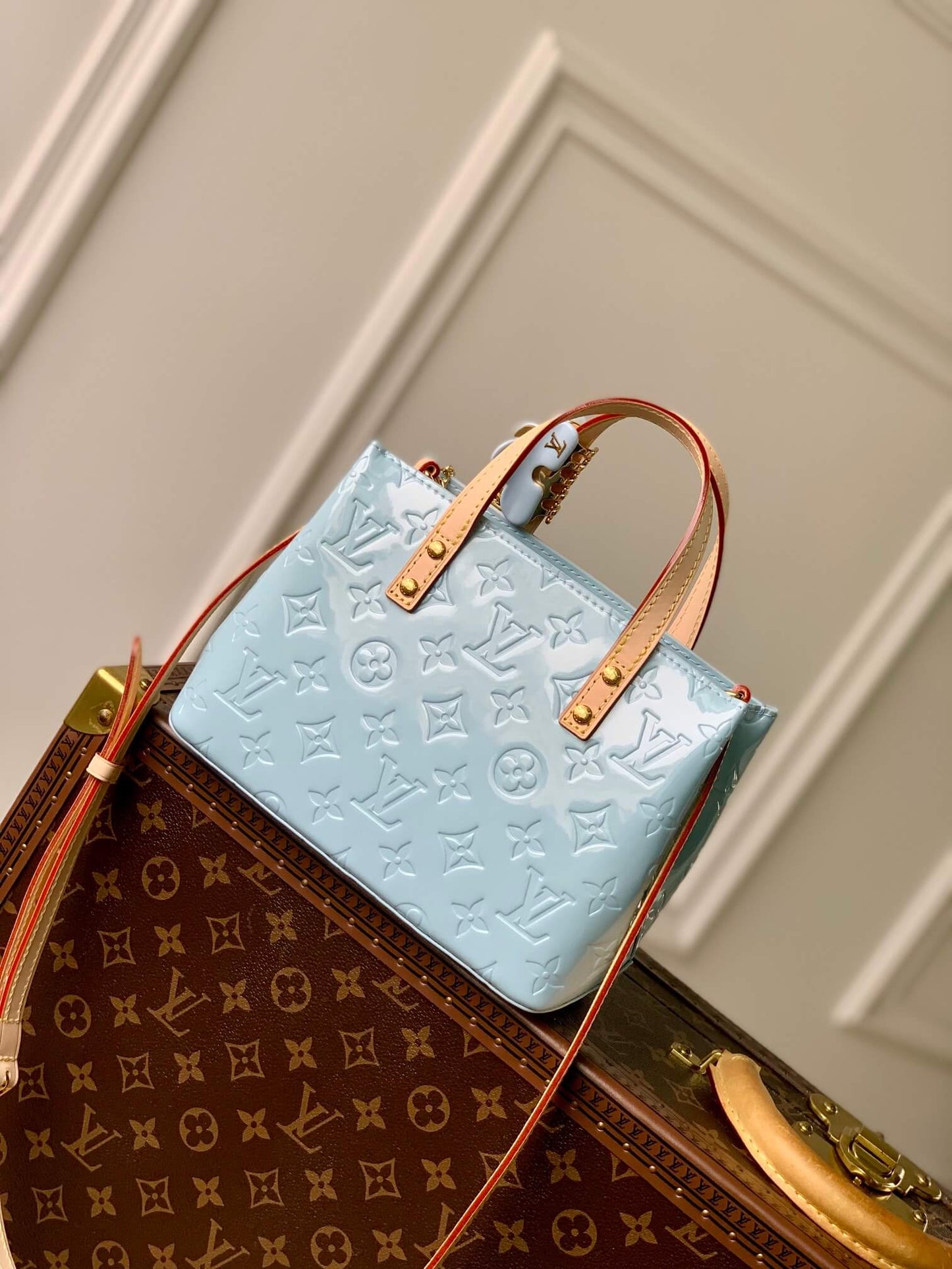 M24144 SMALL Reade Monogram Vernis Handbag Light Blue