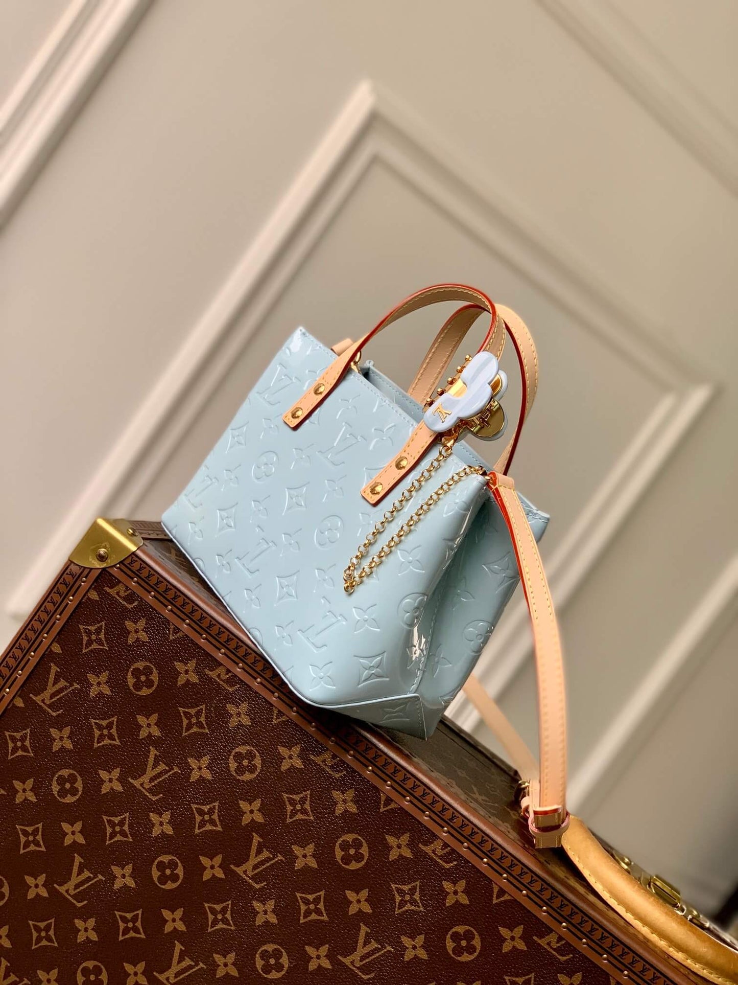 M24144 SMALL Reade Monogram Vernis Handbag Light Blue