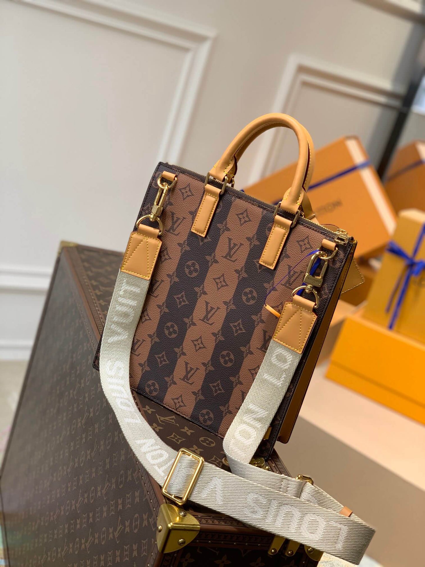 m45969 sac plat handbag messenger bag brown monogram stripes brown mens bag