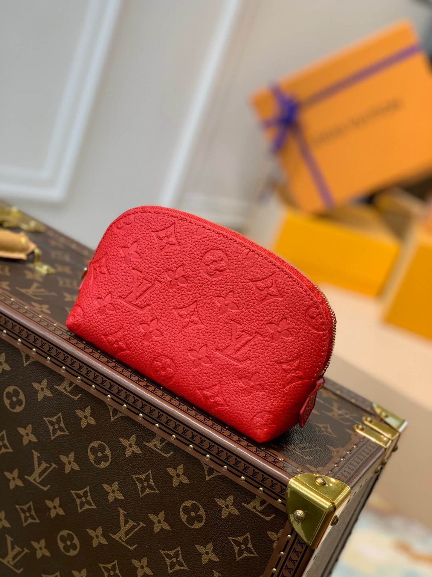 m47515 red monogram 19cm cosmetic pouch cowhide real leather