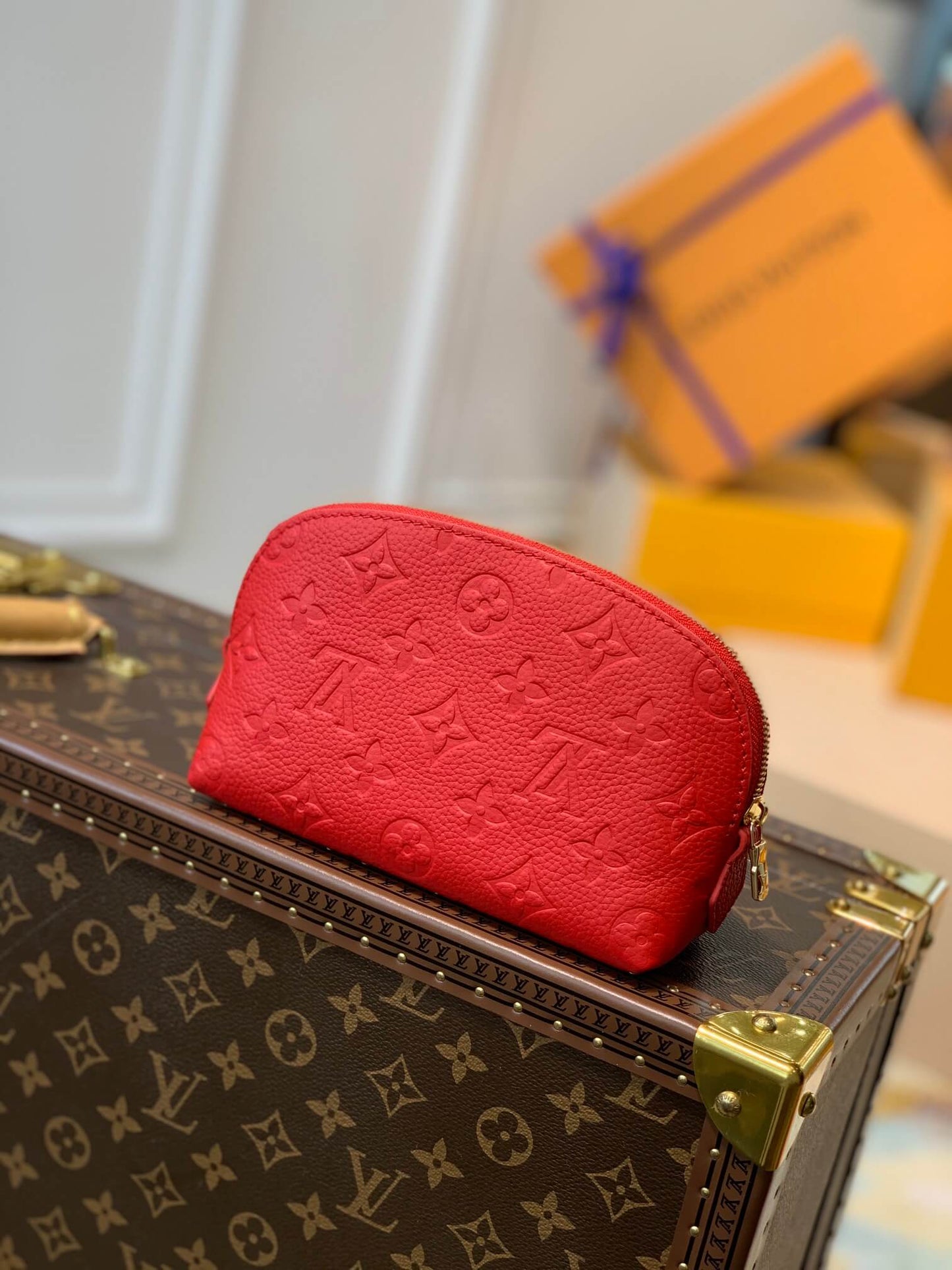 m47515 red monogram 19cm cosmetic pouch cowhide real leather