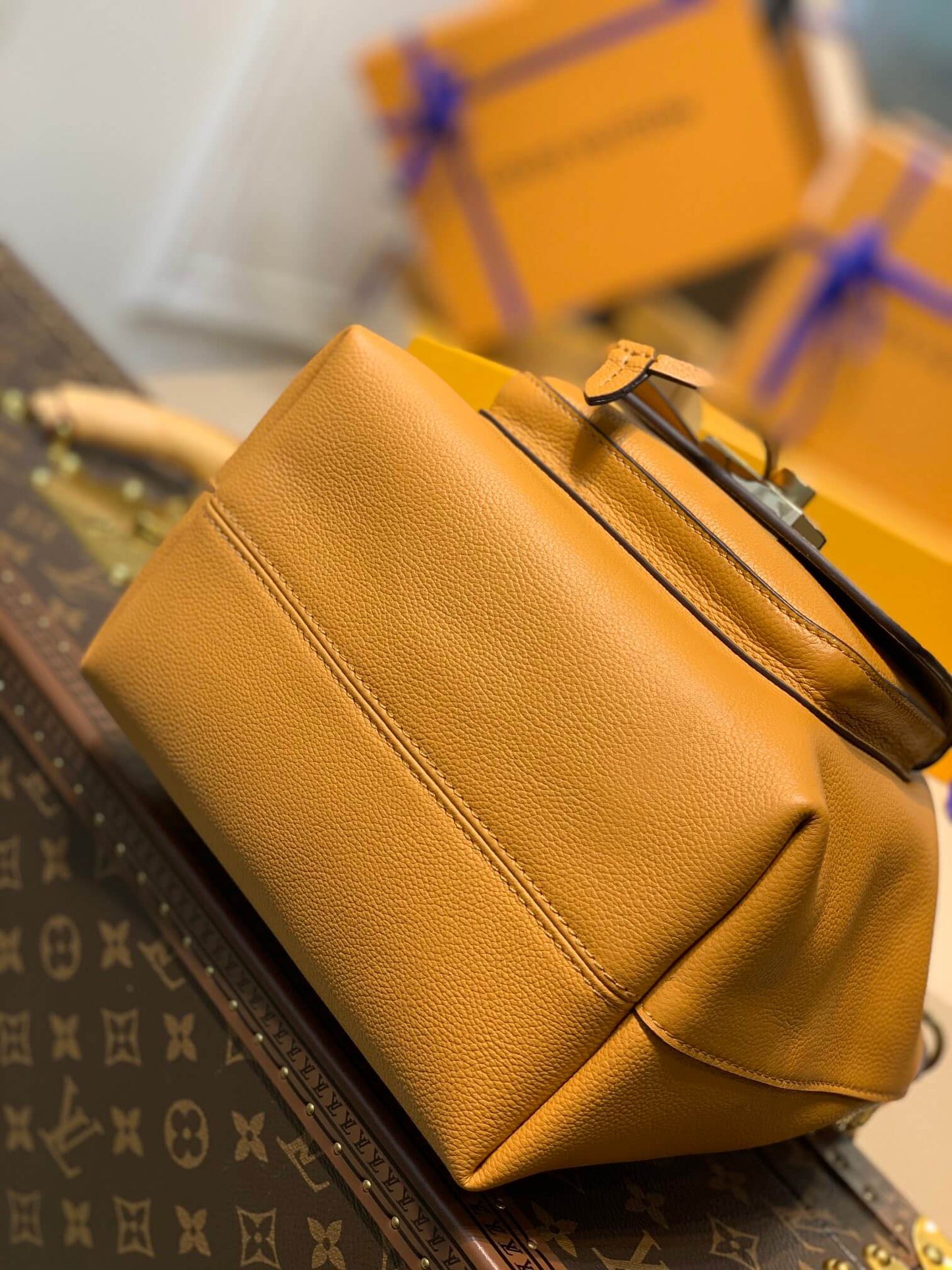 m57800 lockme bucket messenger bucket bag handbag shoulder bag yellow lambskin