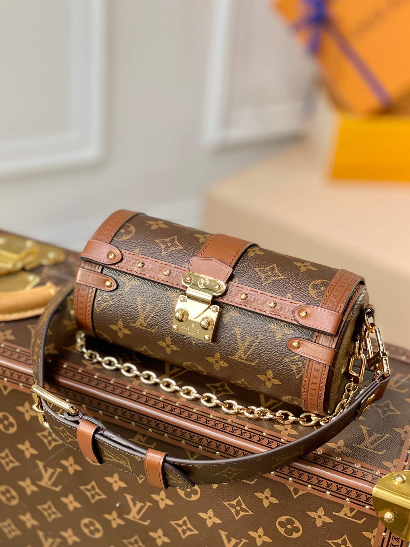m57835 papillon bb prefall papillon trunk toile shoulder bag brown calfskin monogram