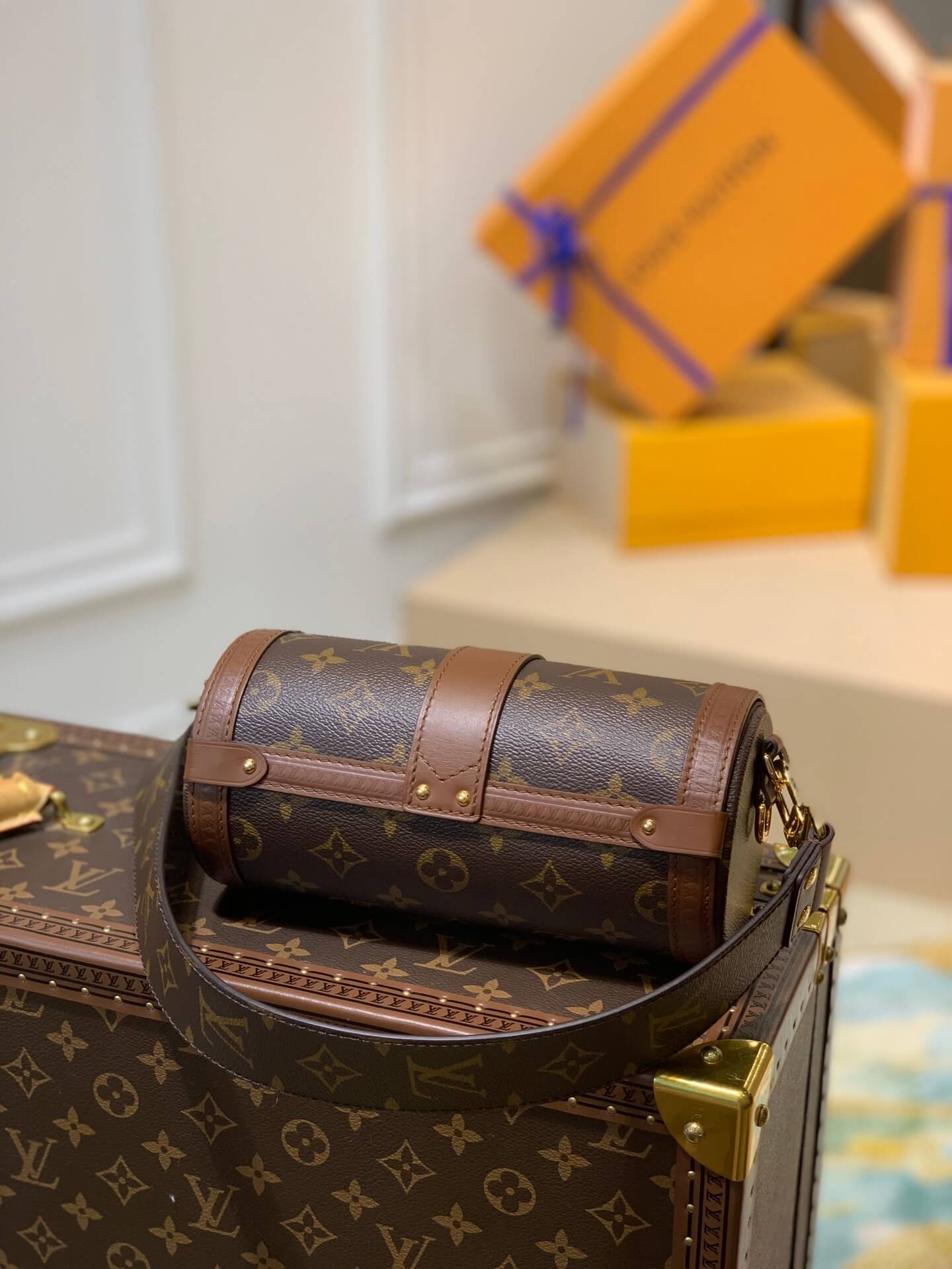 m57835 papillon bb prefall papillon trunk toile shoulder bag brown calfskin monogram