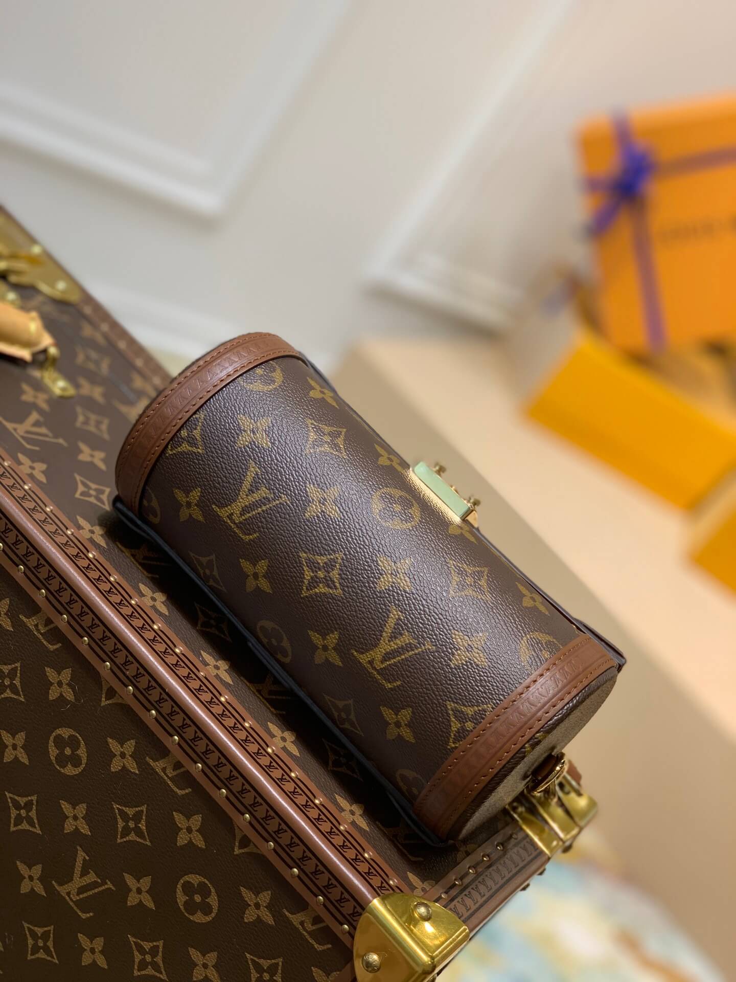 m57835 papillon bb prefall papillon trunk toile shoulder bag brown calfskin monogram