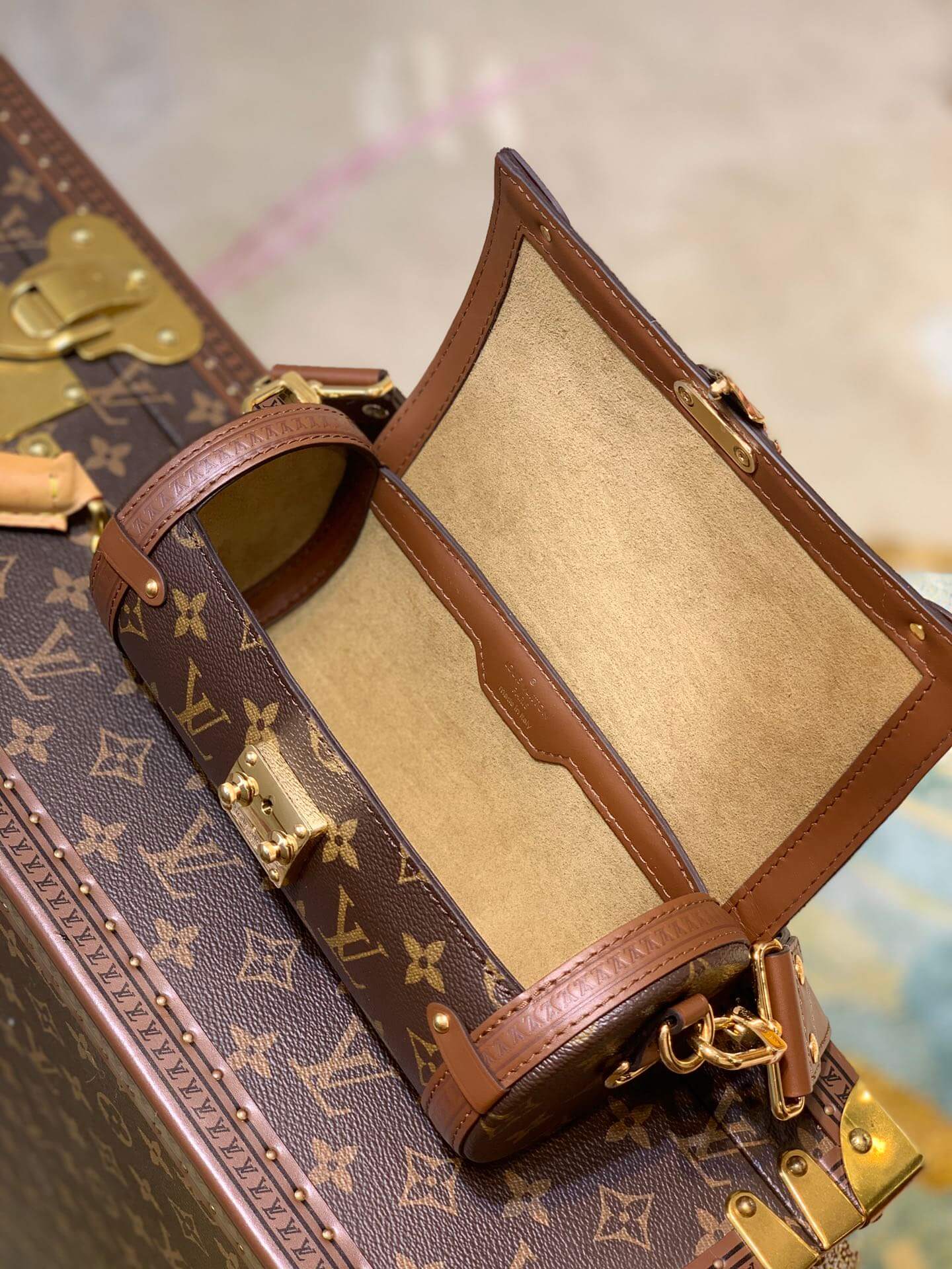 m57835 papillon bb prefall papillon trunk toile shoulder bag brown calfskin monogram