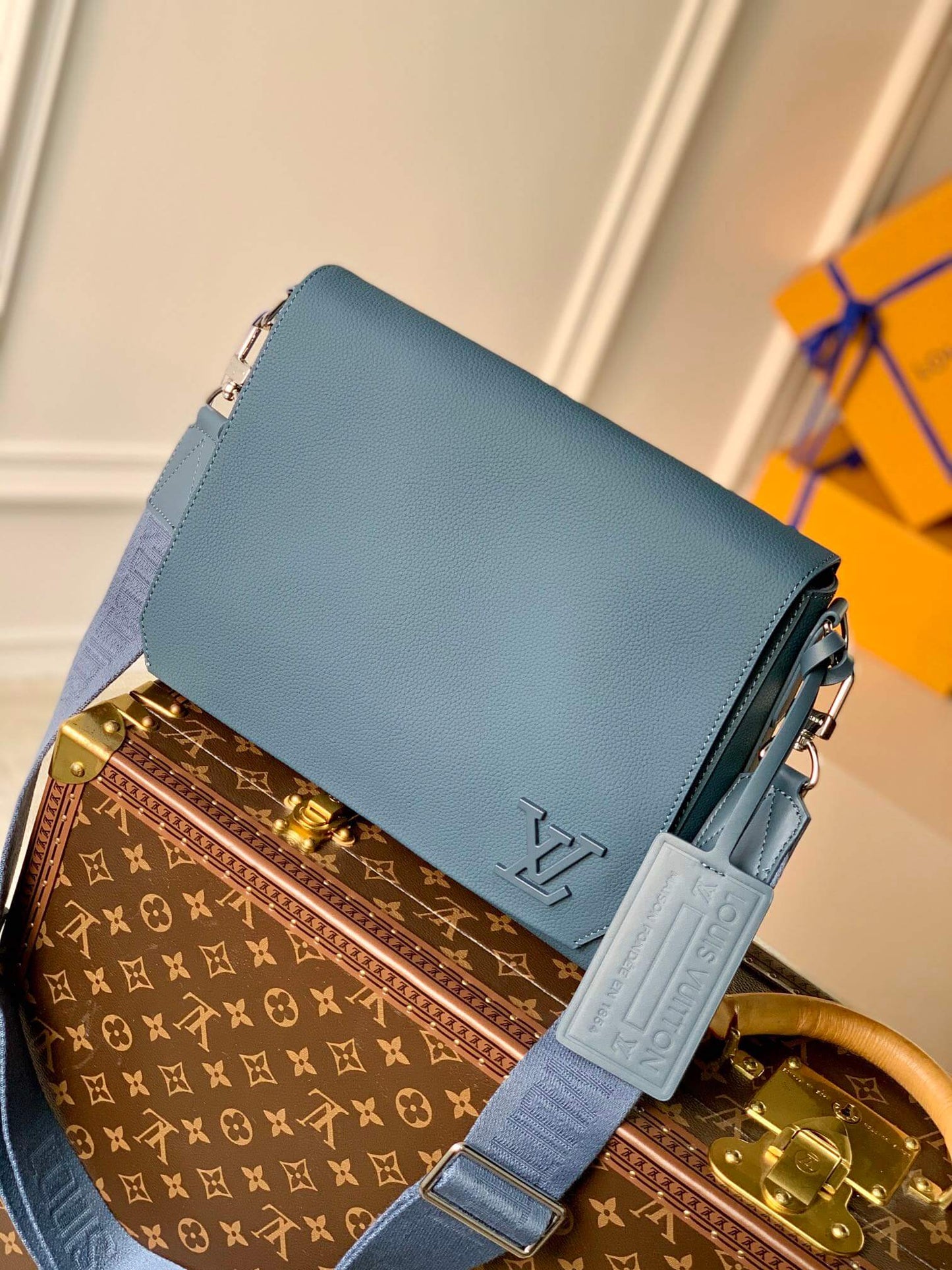 m59327 mens bag shoulder bag cross body bags aerogram messenger bag blue calfskin