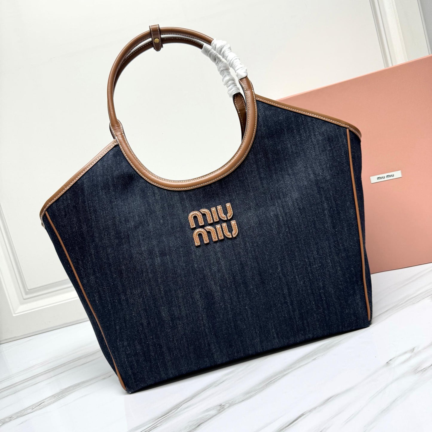 miumiu canvas leather tote handbag 5bg276 blue