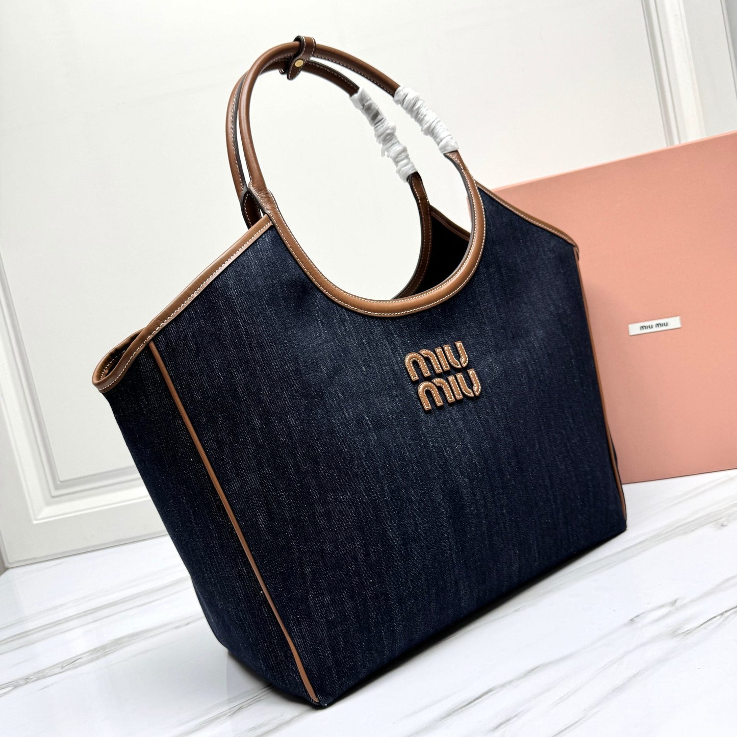 miumiu canvas leather tote handbag 5bg276 blue