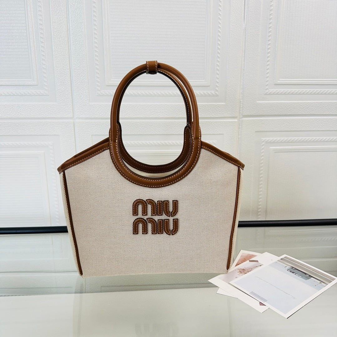 miumiu canvas leather tote handbag 5bg276 off white
