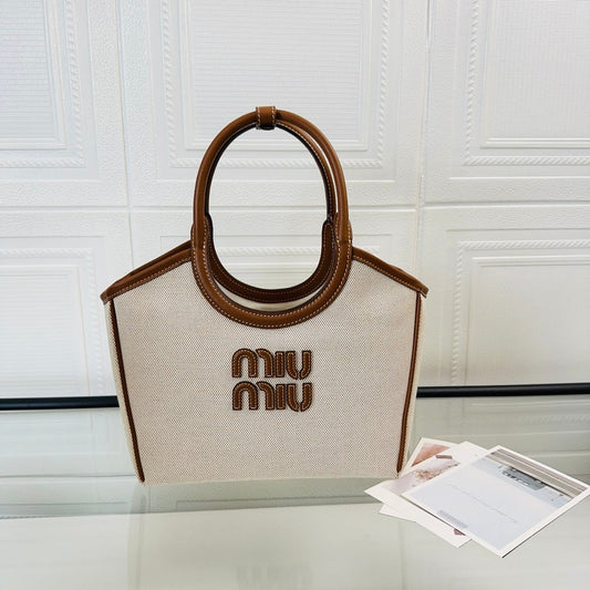 miumiu canvas leather tote handbag 5bg276 off white