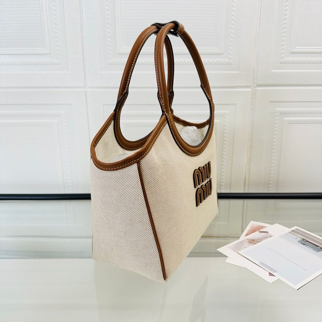 miumiu canvas leather tote handbag 5bg276 off white