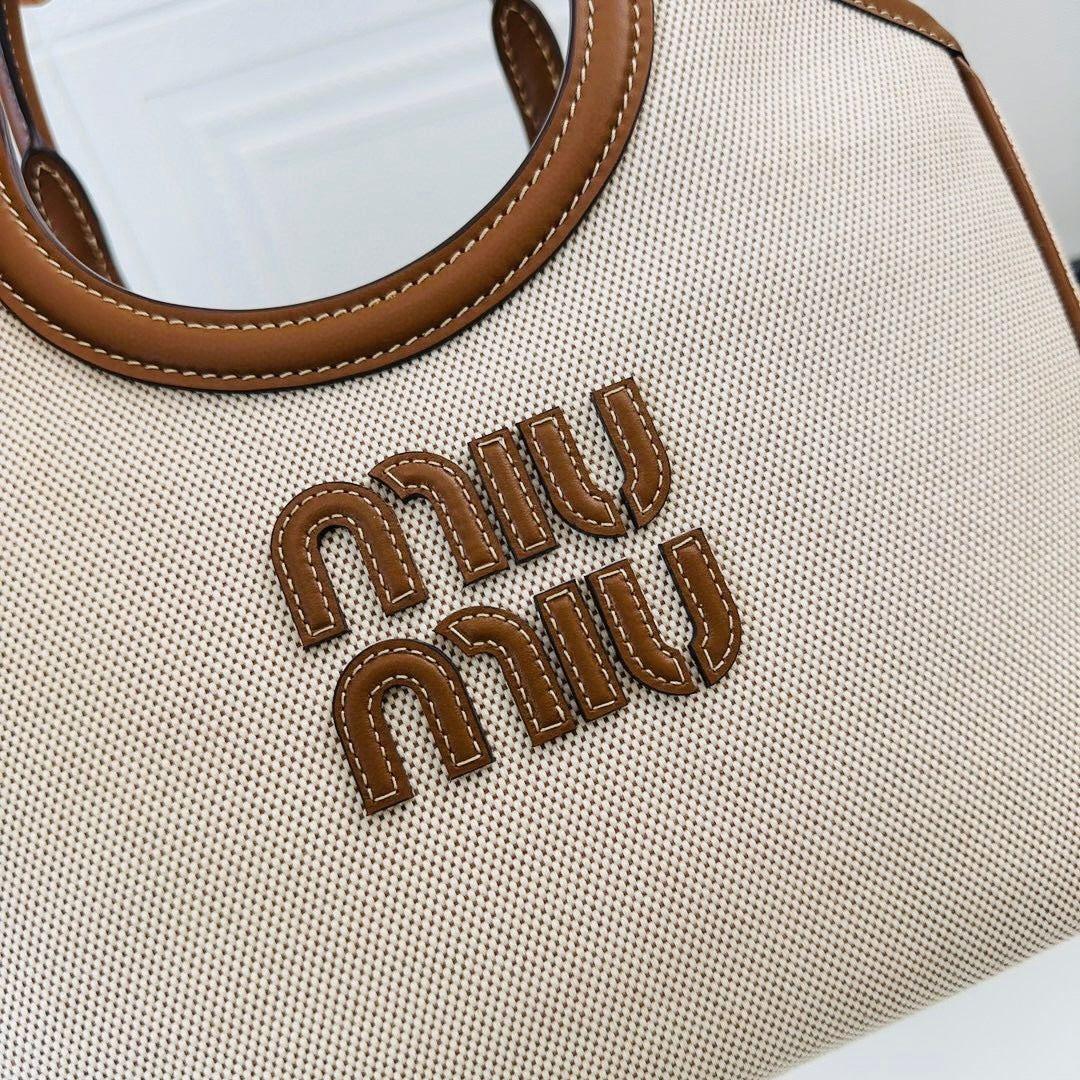 miumiu canvas leather tote handbag 5bg276 off white