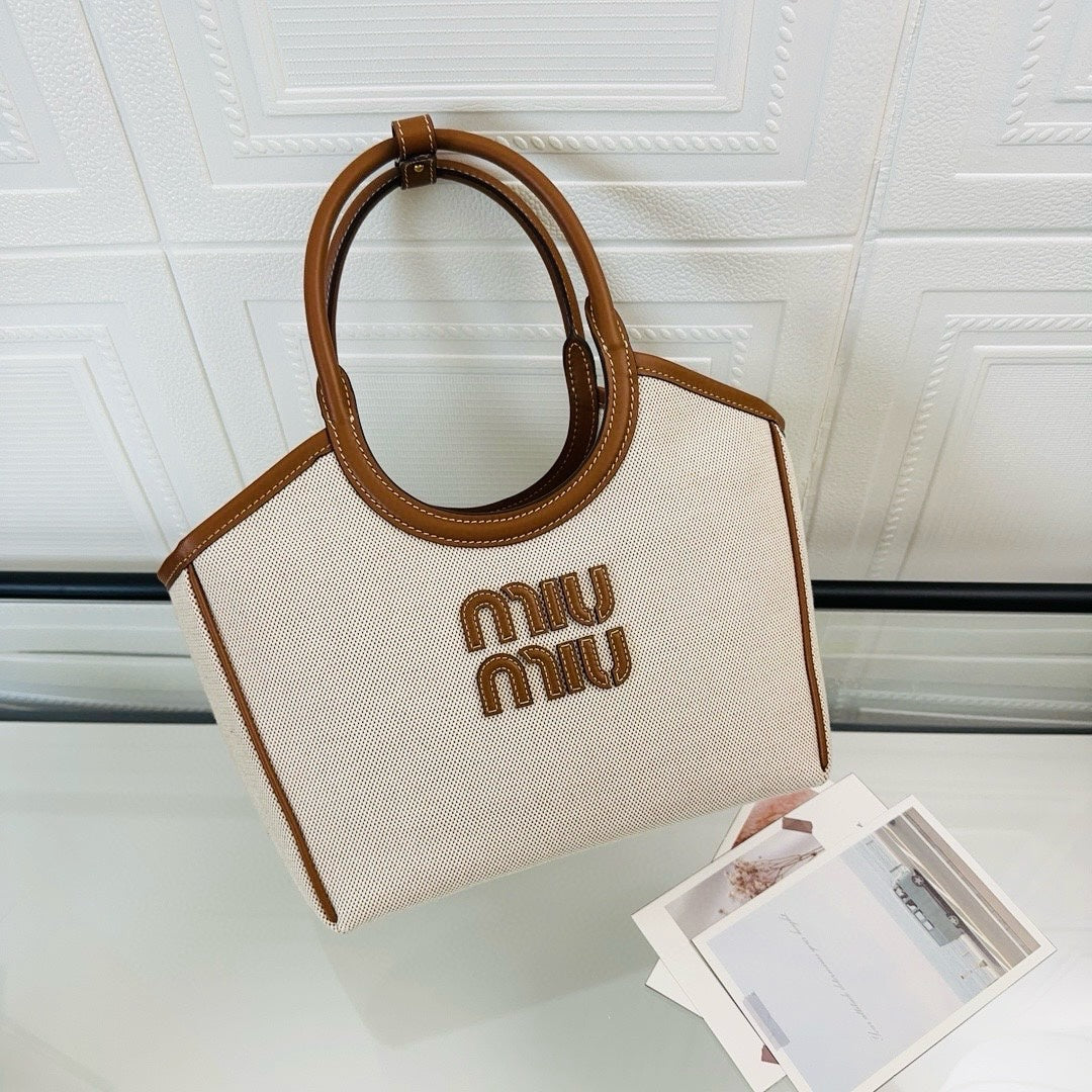 miumiu canvas leather tote handbag 5bg276 off white