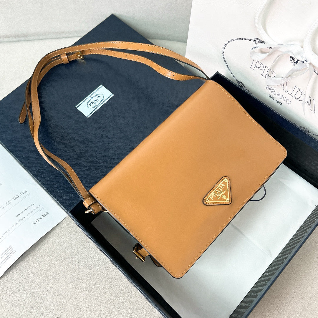 PRADA New Mini 23cm Medium Leather shoulder Postman Bag 1BD313 Brown