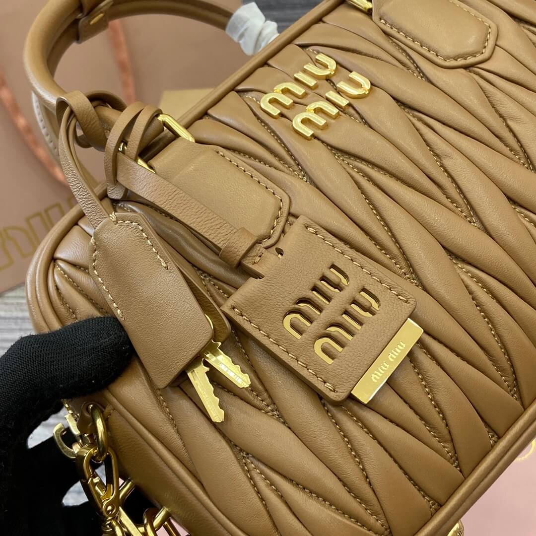 Miu Arcadie Matelasse Bowling Handbag Crossbody Bag 5BB124 Brown