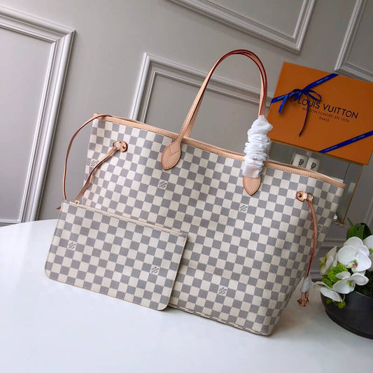 n41360 neverfull gm beige damier azur white handbag apricot lining