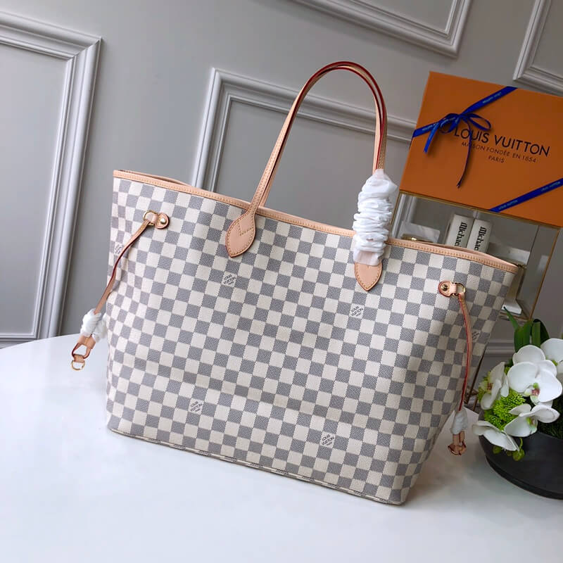 n41360 neverfull gm beige damier azur white handbag apricot lining