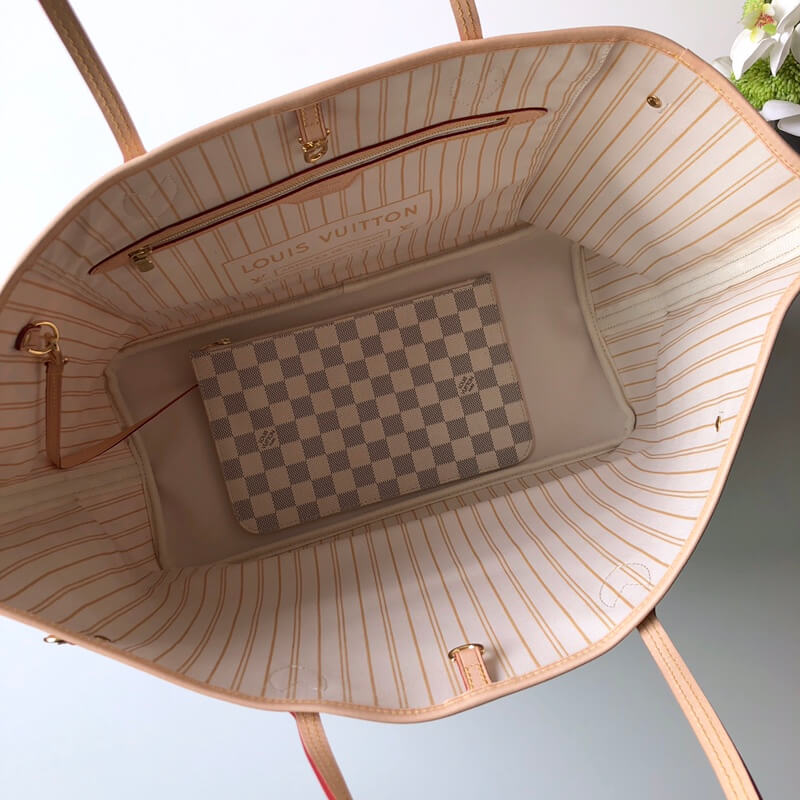 n41360 neverfull gm beige damier azur white handbag apricot lining