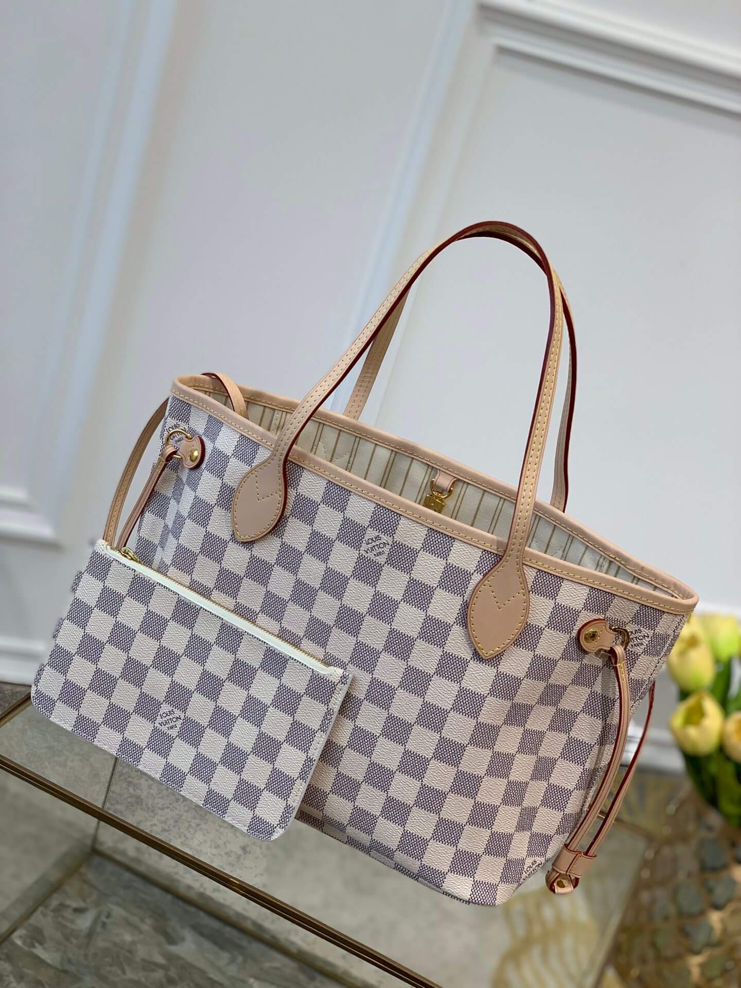 n41362 neverfull pm damier azur apricot inside subaxillary bag handbag damier