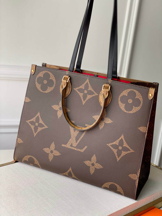 lv onthego gm tote bag m45320 brown red monogram reverse toron