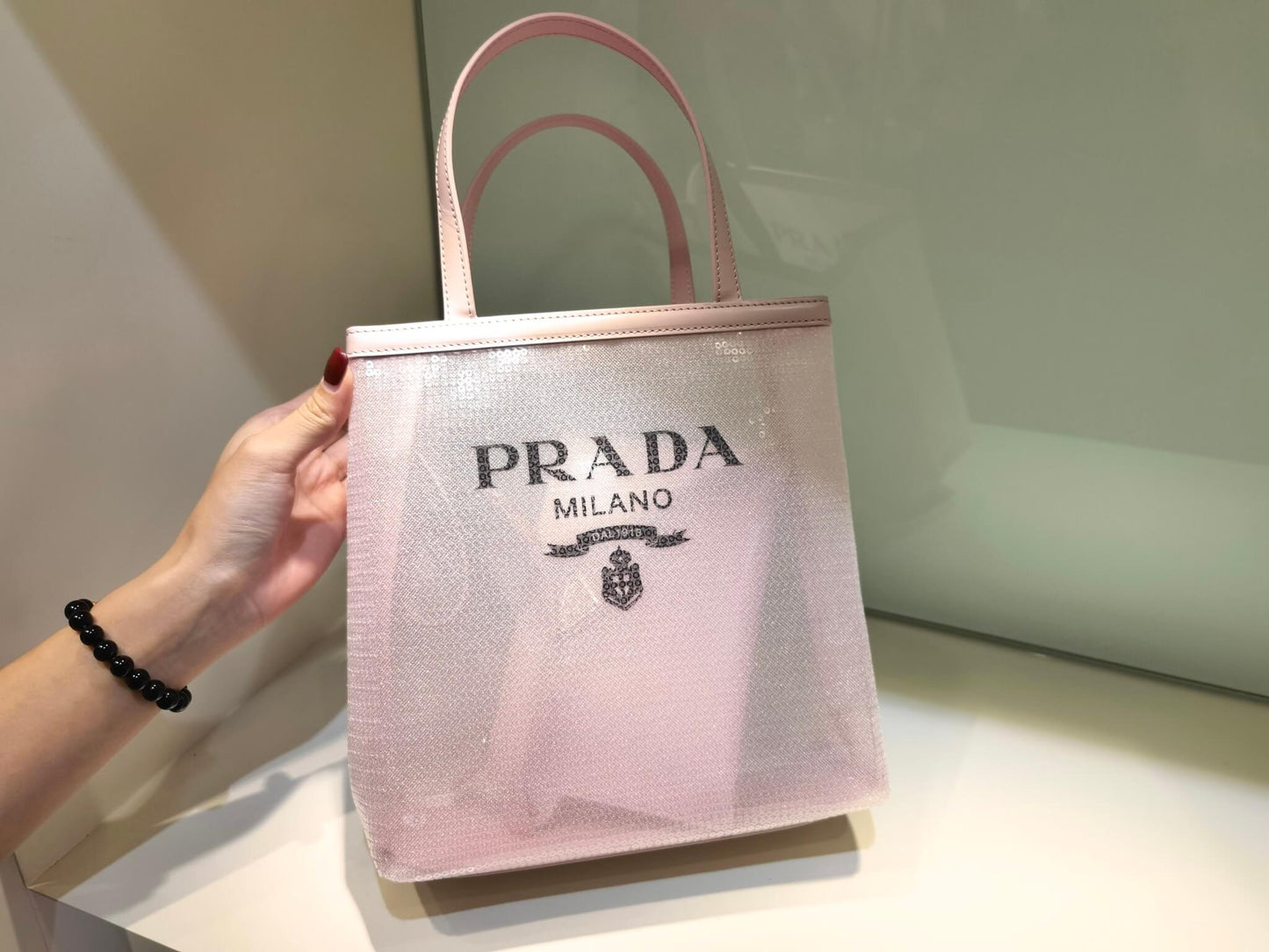 pra small shiny grid mesh tote bag pink 1bg417
