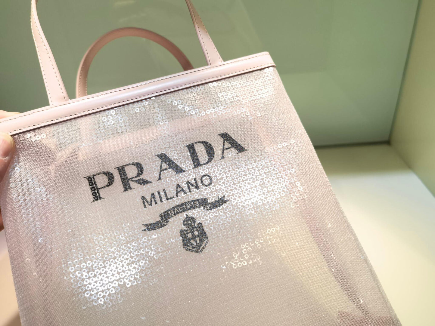 pra small shiny grid mesh tote bag pink 1bg417