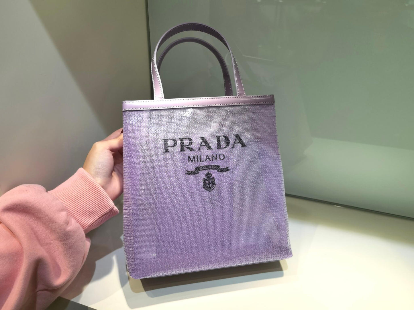 pra small shiny grid mesh tote bag purple 1bg417