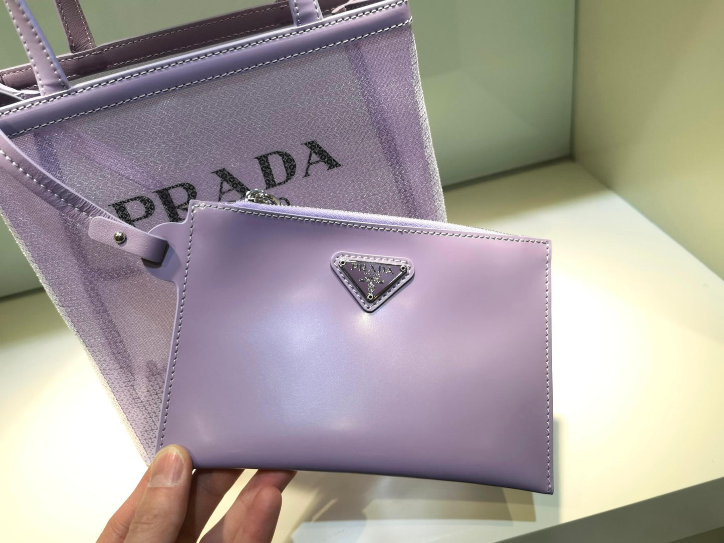 pra small shiny grid mesh tote bag purple 1bg417