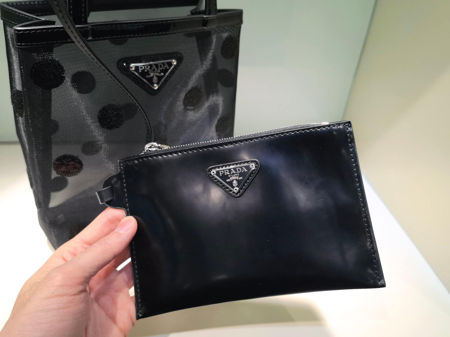 pra small polka dot mesh tote bag black 1bg417