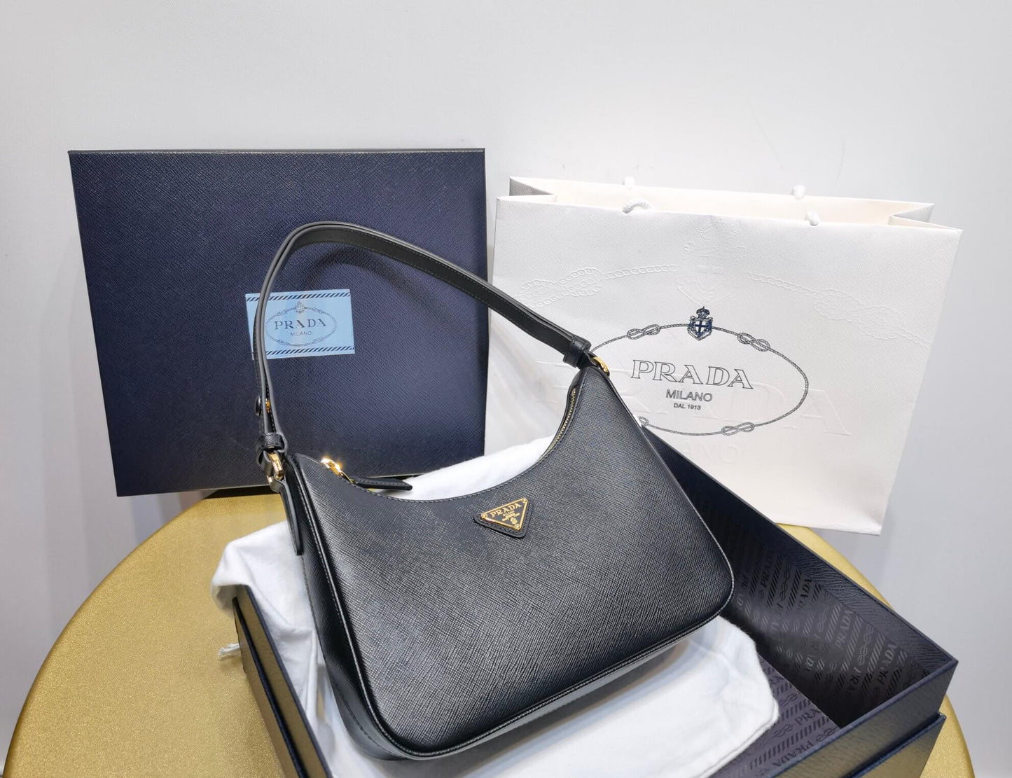 pra re edition saffiano leather mini axillary pouch bag black 1bc204