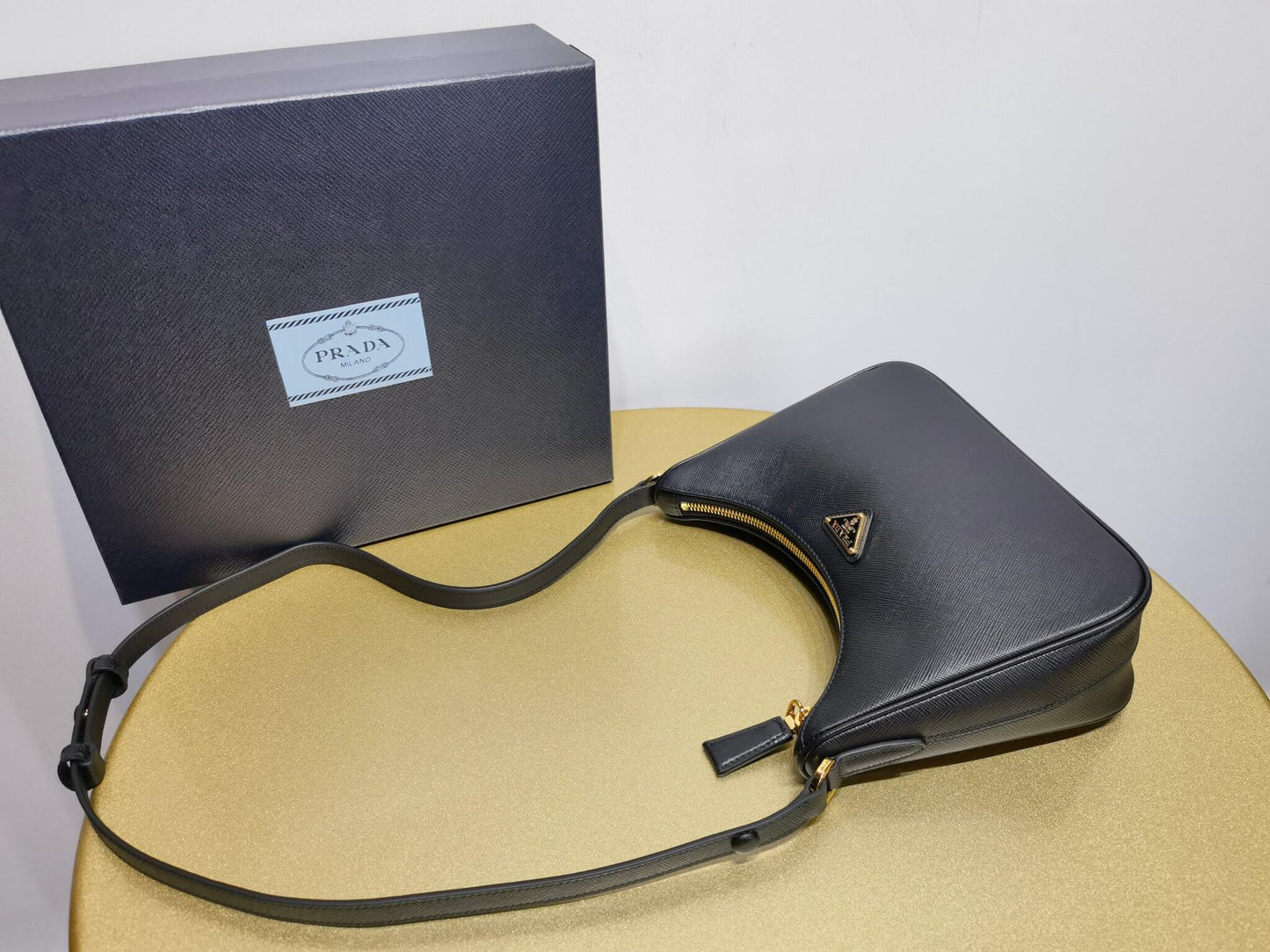 pra re edition saffiano leather mini axillary pouch bag black 1bc204