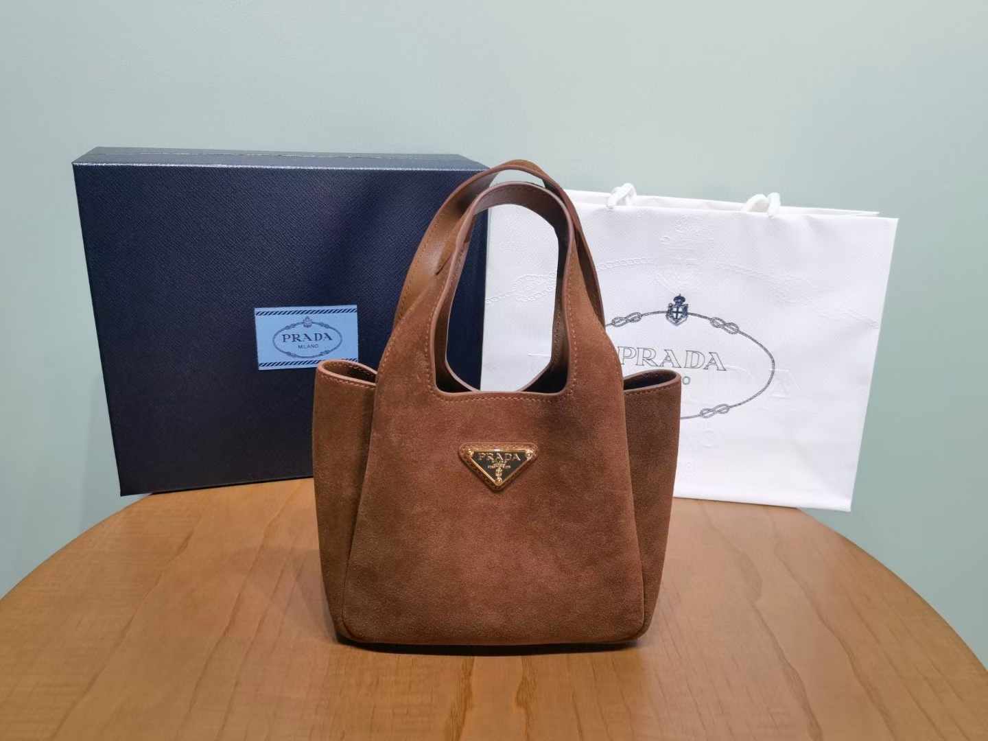 PRA mini suede leather tote handbag brown 1BA349